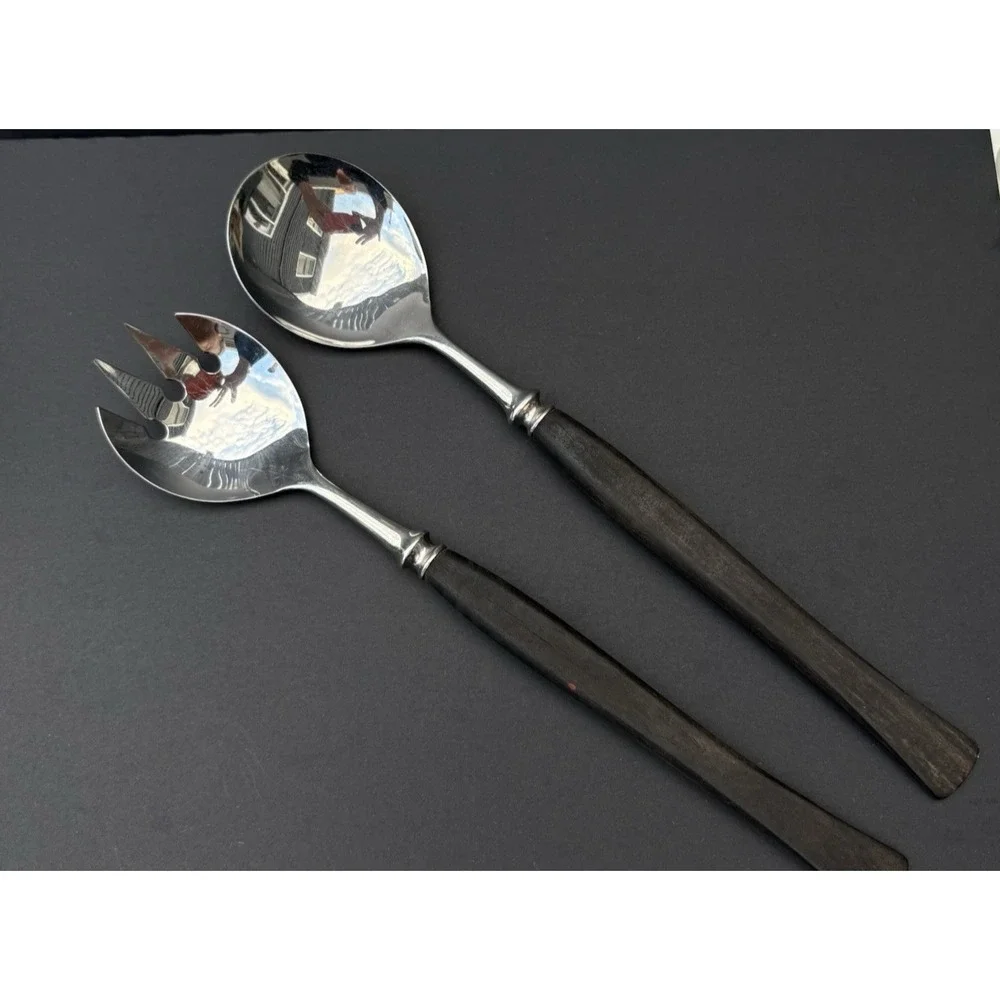Vintage Scandinavian salad serving set made in Norway silver metal wood handles